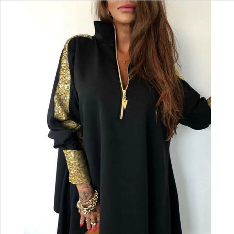 

2020 Elegant Womens Sweatshirts Fashion Simple V-Neck Sequins Patchwork Stand Zip Design Long Sleeve Shirt Blouse Spliced Tops