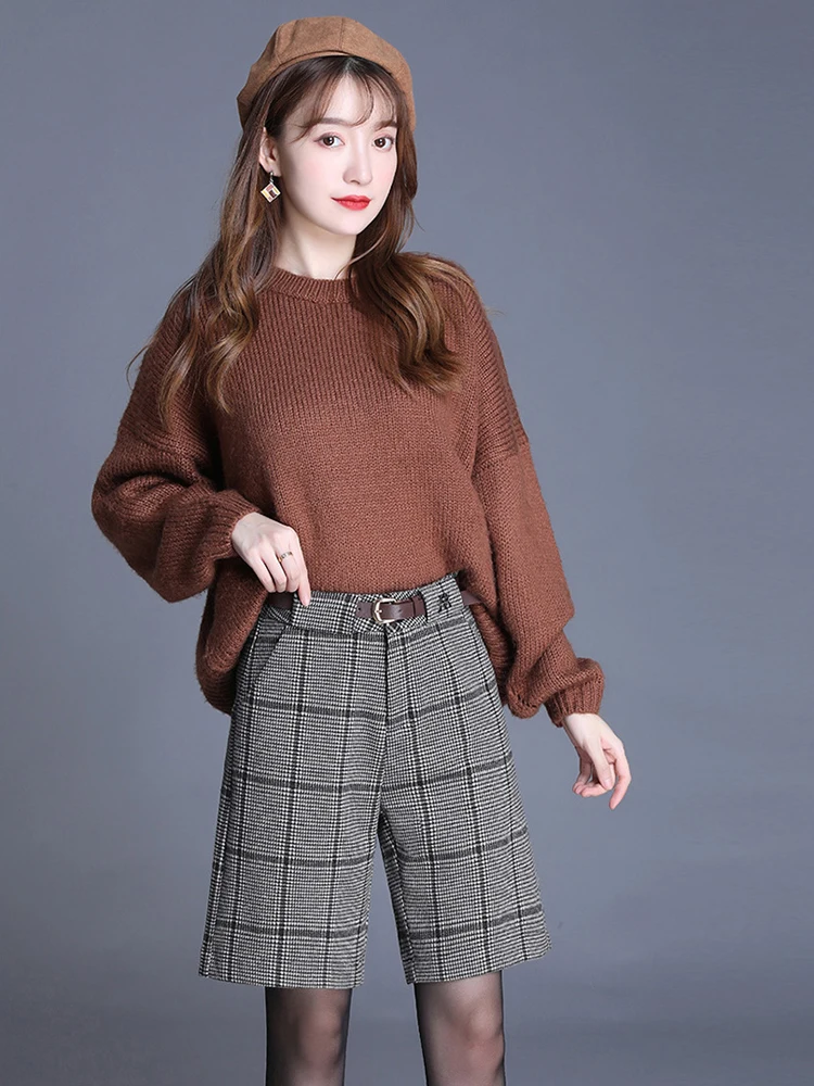 Женские шерстяные шорты свободного покроя с высокой талией клетчатые большого