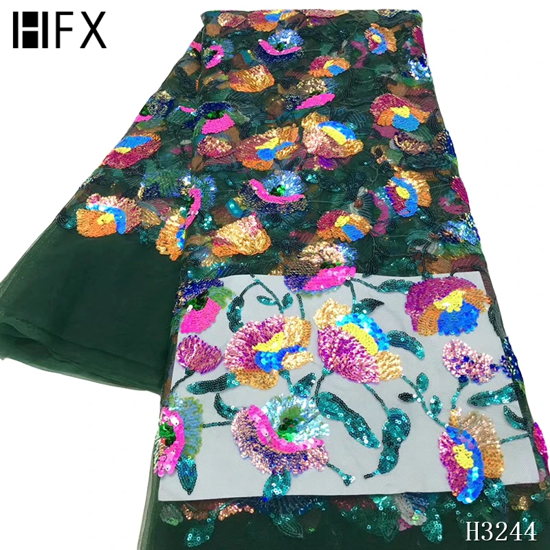 

HFX Free Shipping (5yards/pc) High Quality African Sequins Net Lace Fabric Beautiful Embroidered French Lace for Party F3244