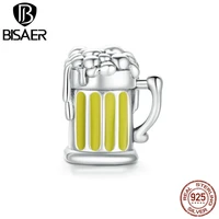 bisaer beer glass charms 925 sterling silver frothy beer pendant enamel beads fit diy bracelet necklace jewelry ecc1671