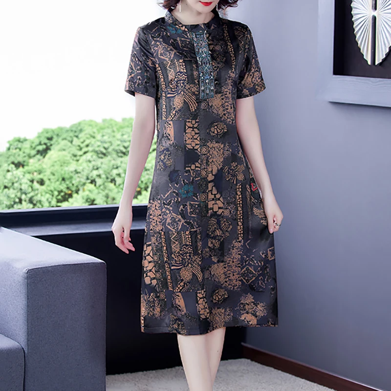 

Summer Women Vintage Print Mulberry Silk Satin Dresses 2021 New Casual 4XL Plus Size Midi Sundress Classy Bodycon Party Vestidos