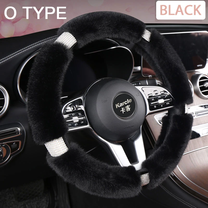 

Karcle пушистый чехол на руль с украшениями Стразы, алмазные меховые пушистые чехлы на руль автомобиля, универсальные 38 см для женщин и девушек