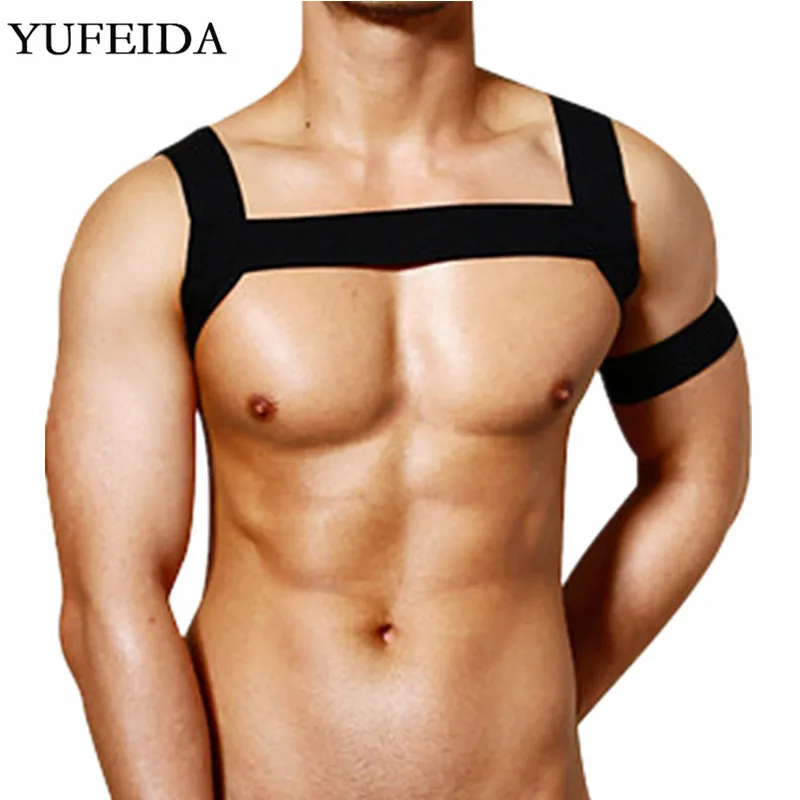 

Cool Men Tops Body Chest Harness Belt Costume Lingerie Elastic Shoulder Muscle Bondage Support Brace Elasticity Arm Band Tanks