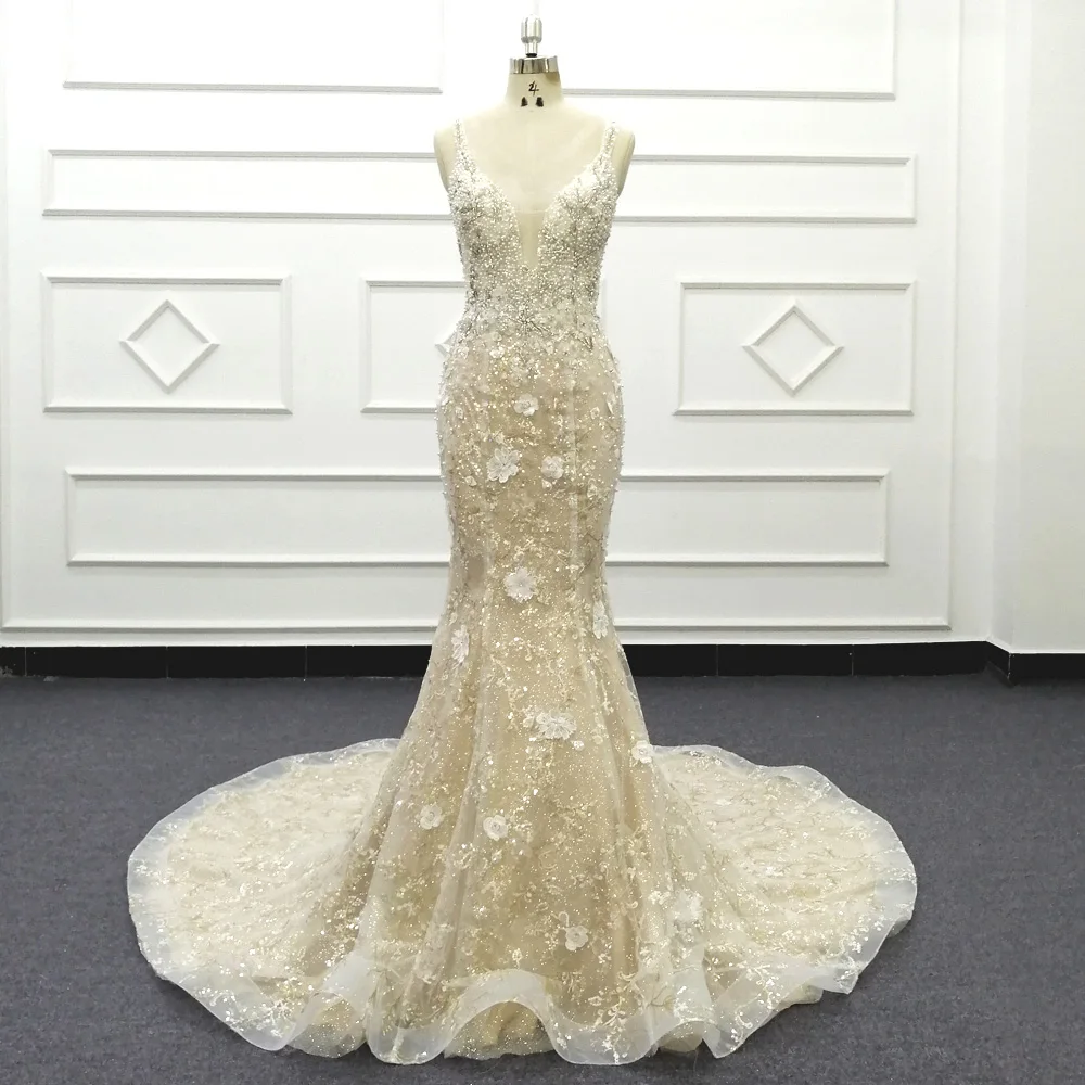 

New Arrival Crystal Beaded Mermaid Wedding Dresses Sleeveless Pearl Button Bridal dress boho robe de mariage Flower SJ465