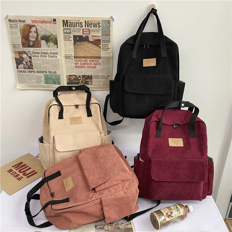 

2021 New Summer Ladies Backpack Fashion Corduroy Girl Korean School Bag Harajuku Student Large-Capacity School Backpack Feminina