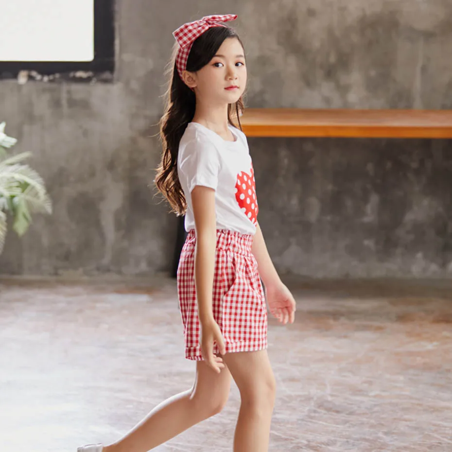 Летняя одежда для девочек костюм с рисунком сердца футболка + штаны комплекты