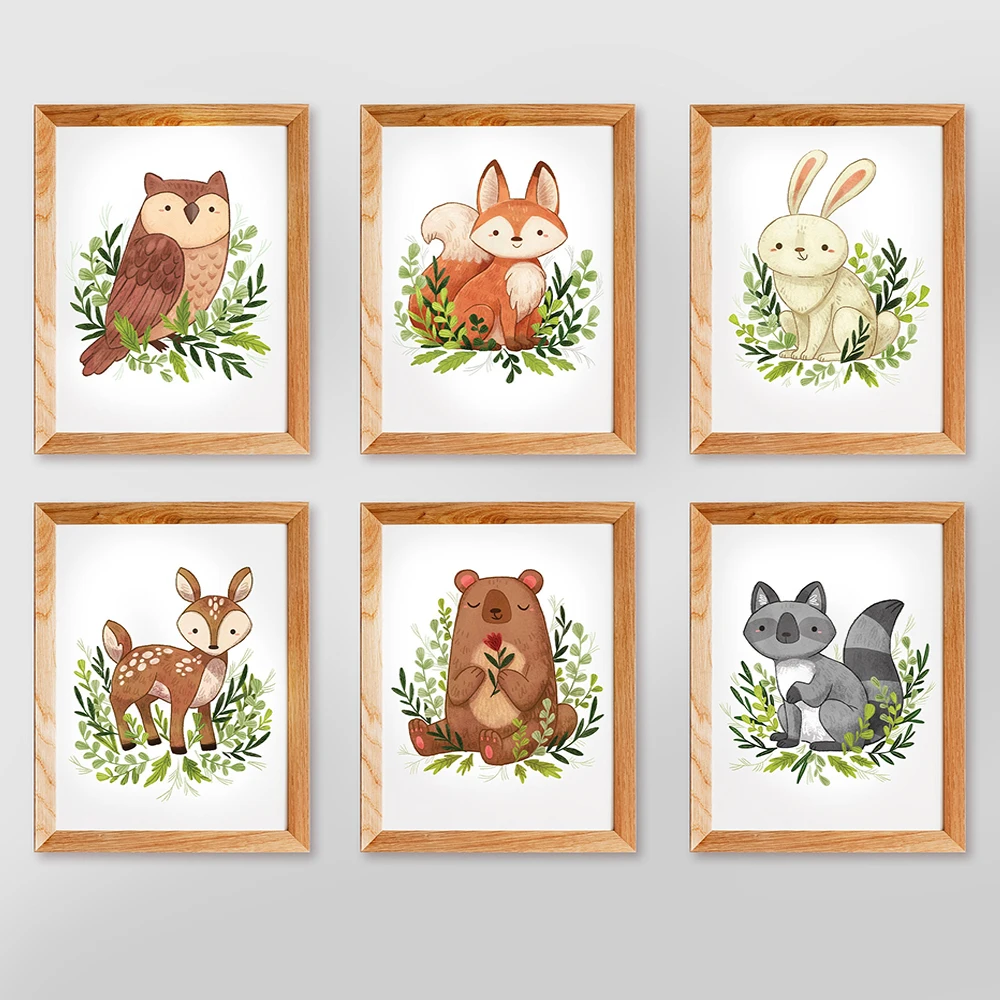 

Animal Prints Set of 6 Pictures Gender Neutral Flower With Crowns Woodland Nursery Art No Frame Wall Painting