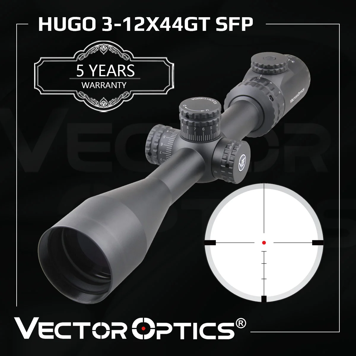 

Vector Optics Hugo 3-12x44 E Field Target Shooting 1 Inch Riflescope Min 10 Yds Etched Glass Reticle Turret Lock Side Focus