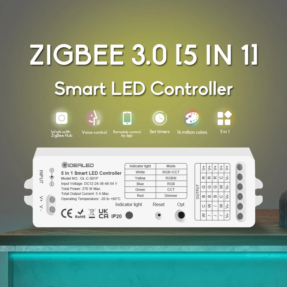 Zigbee 3.0 LED Light Strip 5 in 1 Dimmer Controller RGBCCT/RGBW/RGB/CCT DC12-54V 6-Zone Remote work with Smartthings&Echo Plus