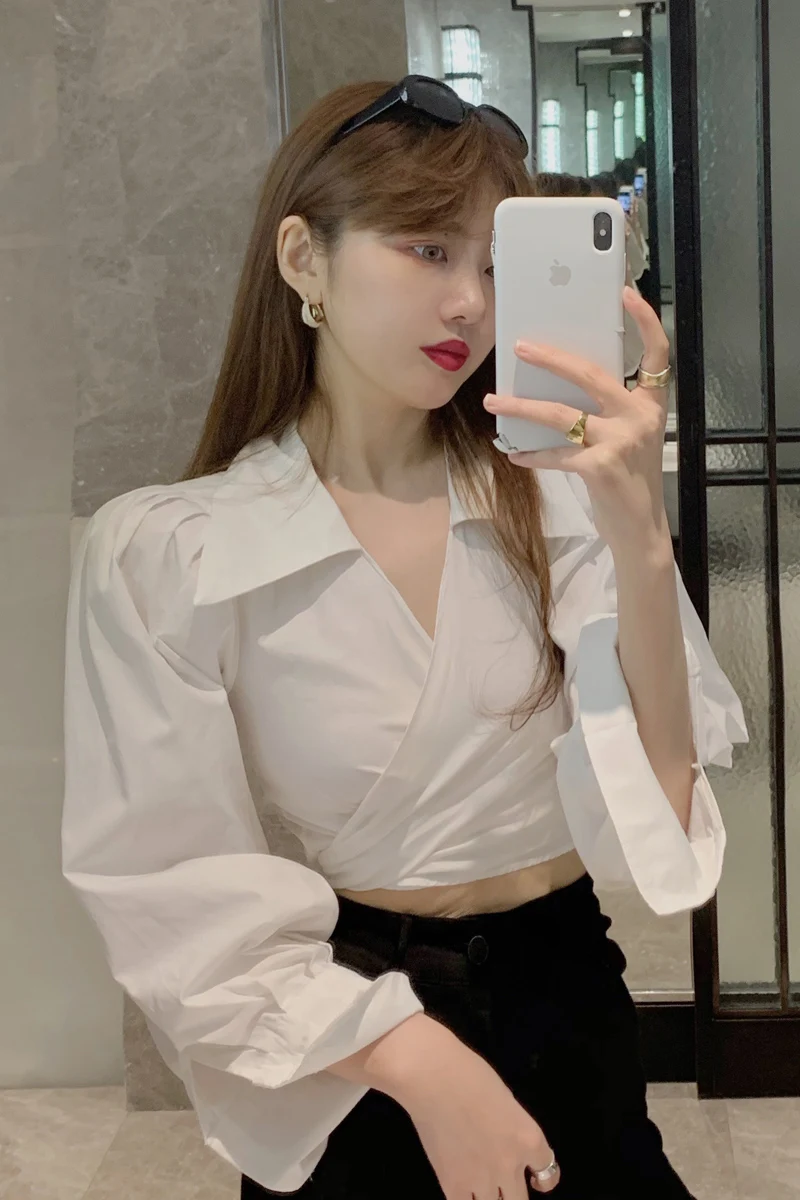 

COIGARSAM French Style blouse women Puff Sleeve blusas womens tops and blouses White Black 0386