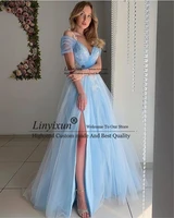 sexy off the shoulder prom dress long tulle lace applique light sky blue evening party gowns side slit elegant vestido de fiesta