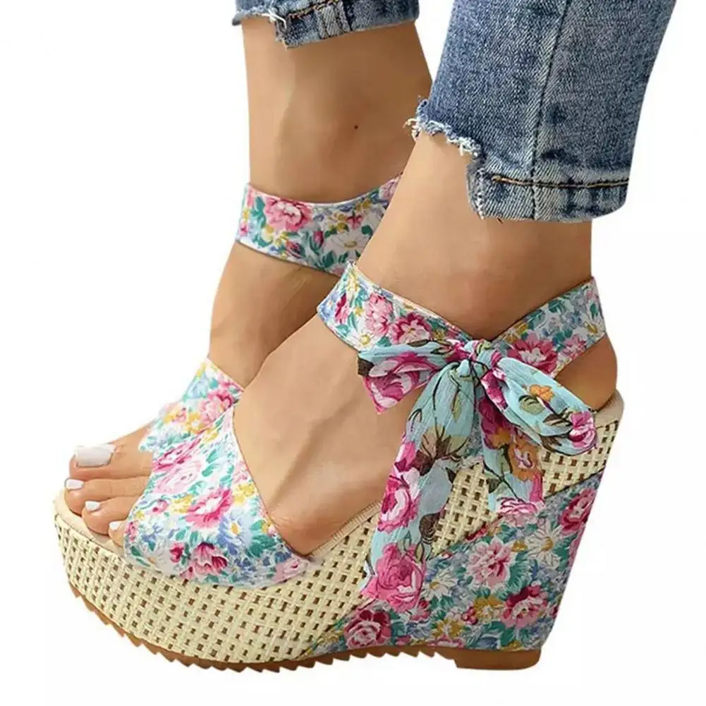 

Сандалии женские кружевные, Цветочный декор, искусственная кожа, повседневная обувь на шнуровке, с открытым носком, стелька, 1 пара