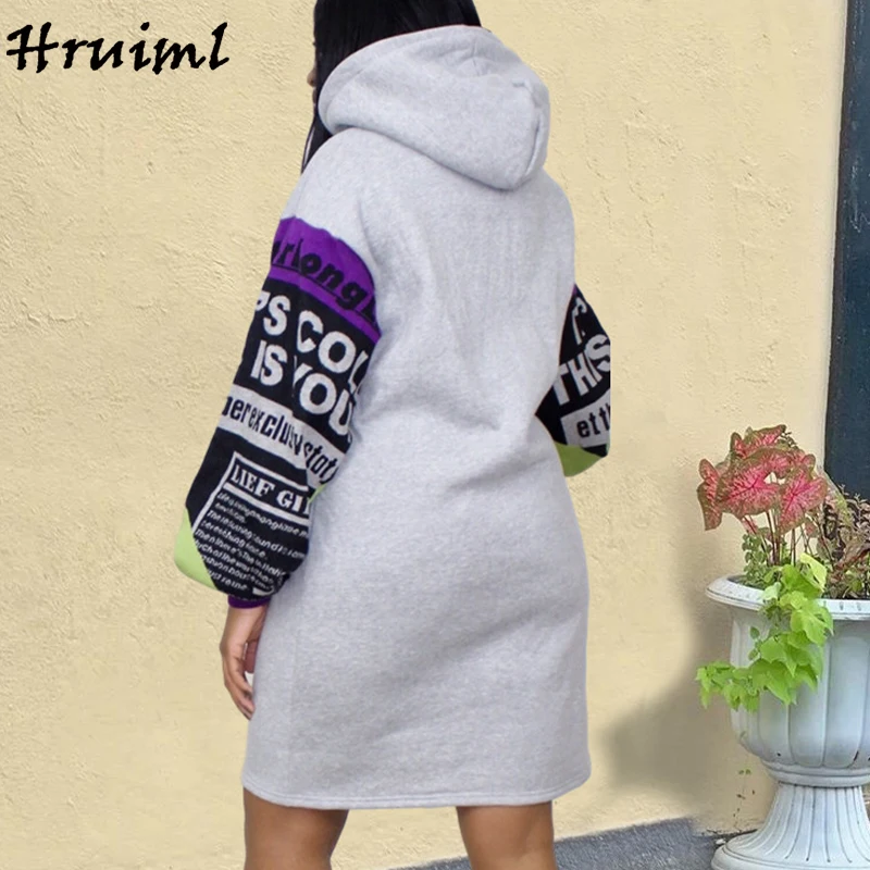 

Long Sleeve Woman Dress Autumn Winter Casual Loose Ladies Mini Dress Print Long Hooded Sweatshirts Fashion Streetwear Dress 2020