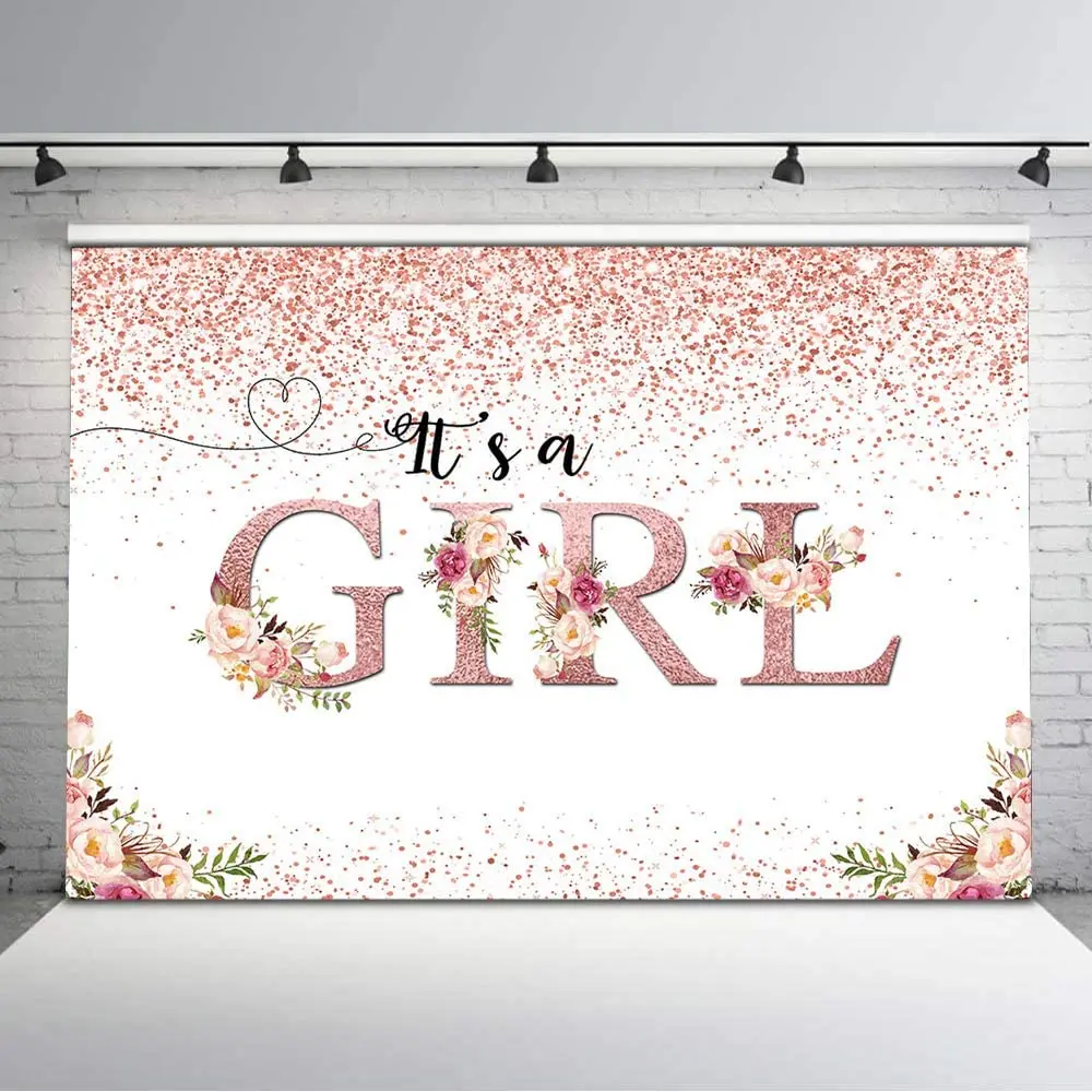 Tel&oacute;n de fondo de ni&ntilde;a, cartel Floral para Baby Shower, Fondo de foto de Flor de Oro rosa, fondos para Baby Shower-2
