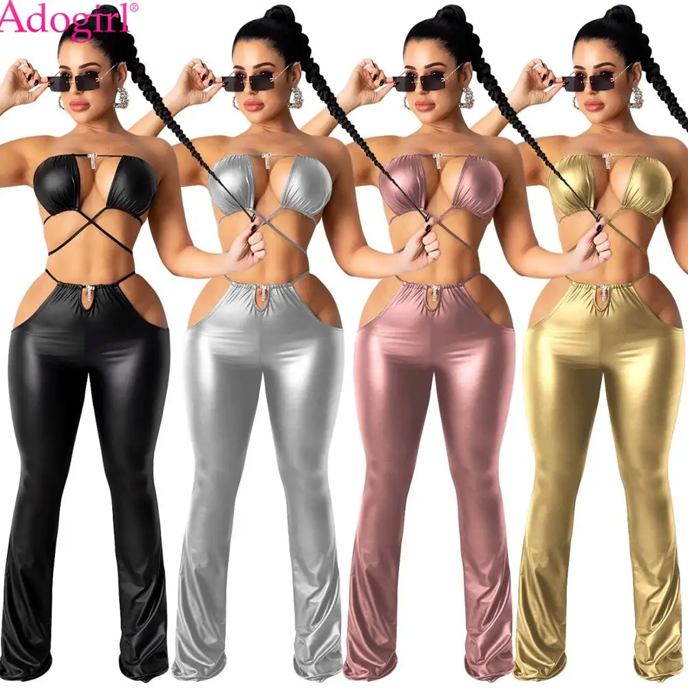 

Adogirl Sexy Lace Up Club Two Piece Set Strapless Twist Tie Bra Size Hollow Out Flare Pants Suit Night Club Fashion Clothing