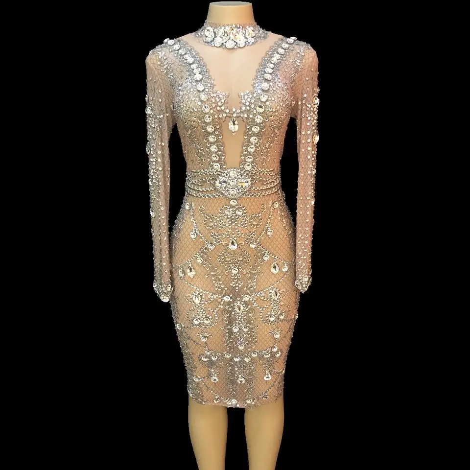 Sparkly Silver Crystals Mesh Dress Women Evening Birthday Prom Party Dresses Sexy Club Outfit Singer Stage Performance Costume |