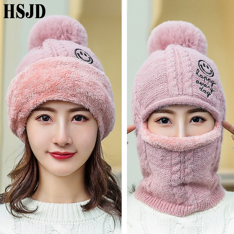 Women Winter Cashmere Balaclava Mask Knitted Hats Cute Smiling Face Knit Thick Skullies Beanie Warm Hat Outdoor Female Snow Cap |