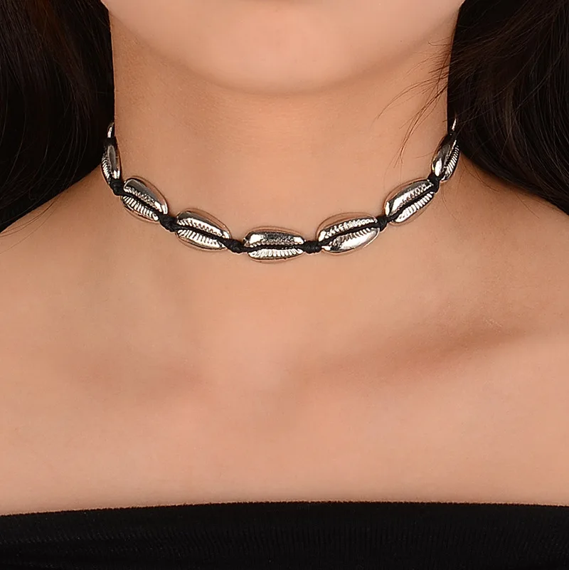 

Bohemian Handmade Alloy Shell Necklace Statement Women Gold Silver Rope Choker Chain Necklace Collares Jewelry