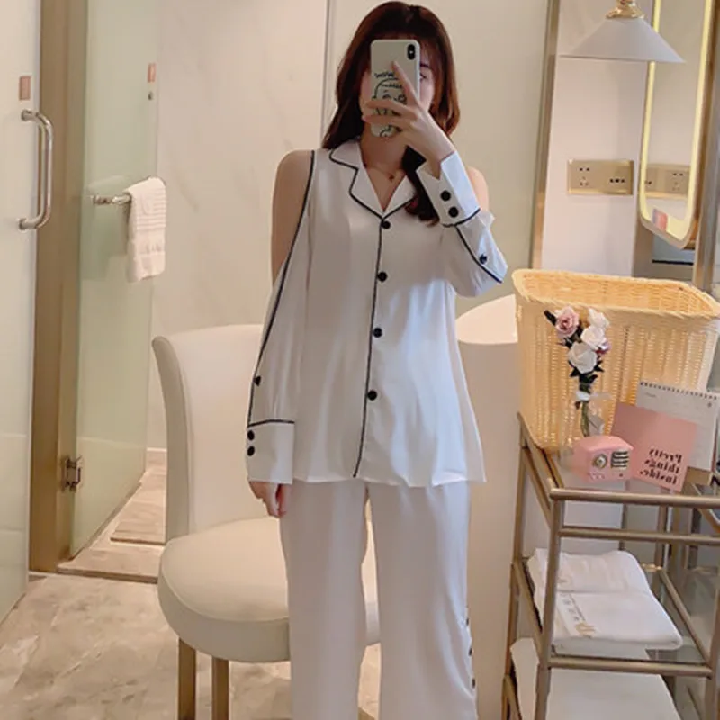 

New Ice silk pajamas women's spring and autumn winter long sleeve set cardigan home clothes Korean sexy off shoulder wear thin