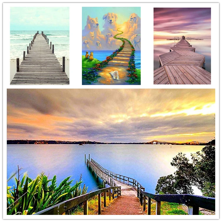 Алмазная вышивка Пейзаж Закат деревянный мост пляж круглый дрель крестом