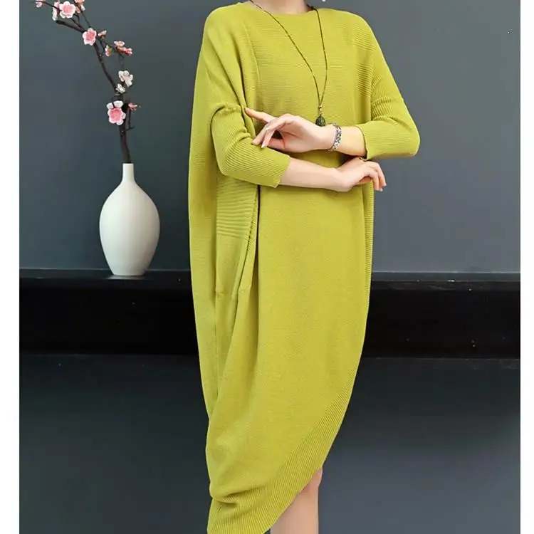 Винтажное однотонное трикотажное платье миди размера плюс осеннее свободного