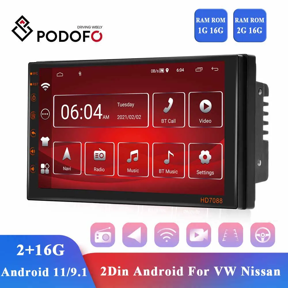 Автомагнитола Podofo универсальная мультимедийная система на Android с 7 &quotэкраном 2 Гб