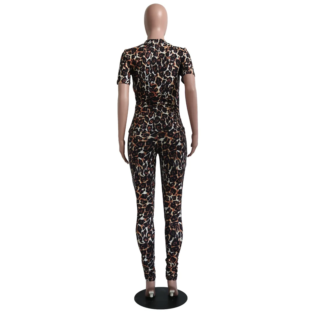 

HAOOHU Leopard Print Two Piece Set Tracksuit Women Clothing Short Sleeve Top + Pants Sweat Suits Casual Streetwear Matching Set