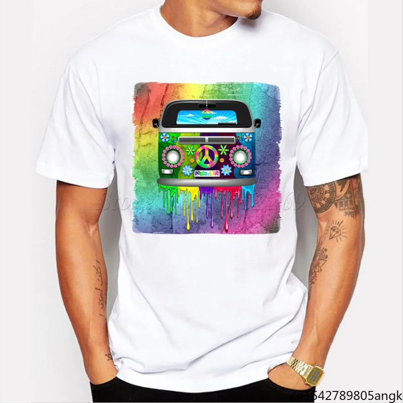 

New Fashion Men's Hippie Van Dripping Rainbow Paint Neon Color Printed T-shirt Male Short Sleeve Casual Funny Cool Tops