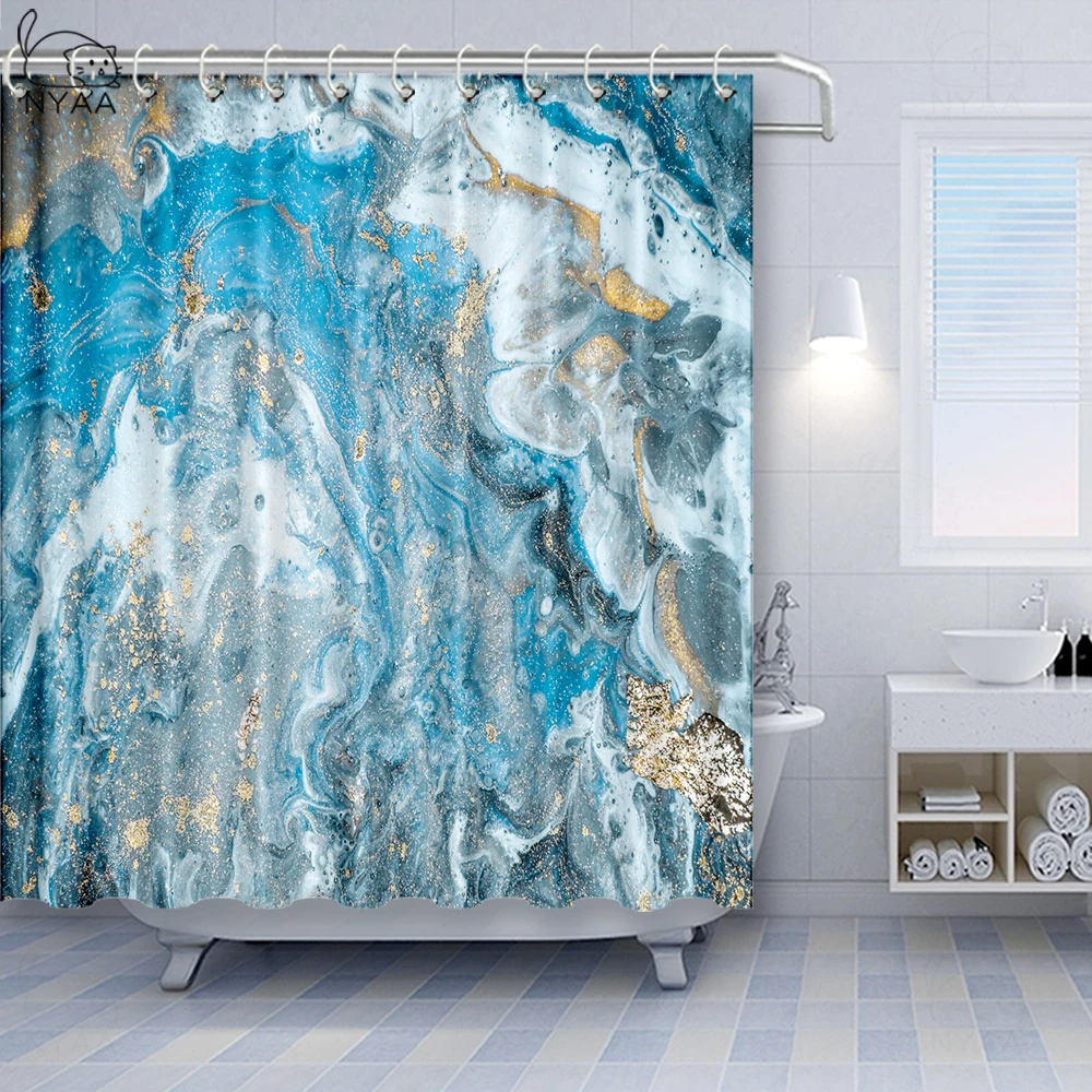 

NYAA Marble Shower Curtain Colorful Quicksand Waterproof Bathroom Curtain With Hooks Pastel White Blue Abstract Art Decor