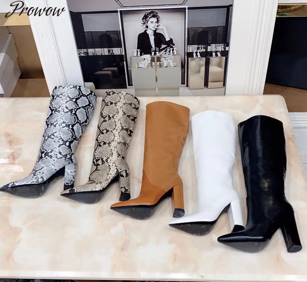 

Women Knee-High Boots Pointed Toe Block Heel High Quality Genuine Leather 2020 Winter New Long Boots Black Brown