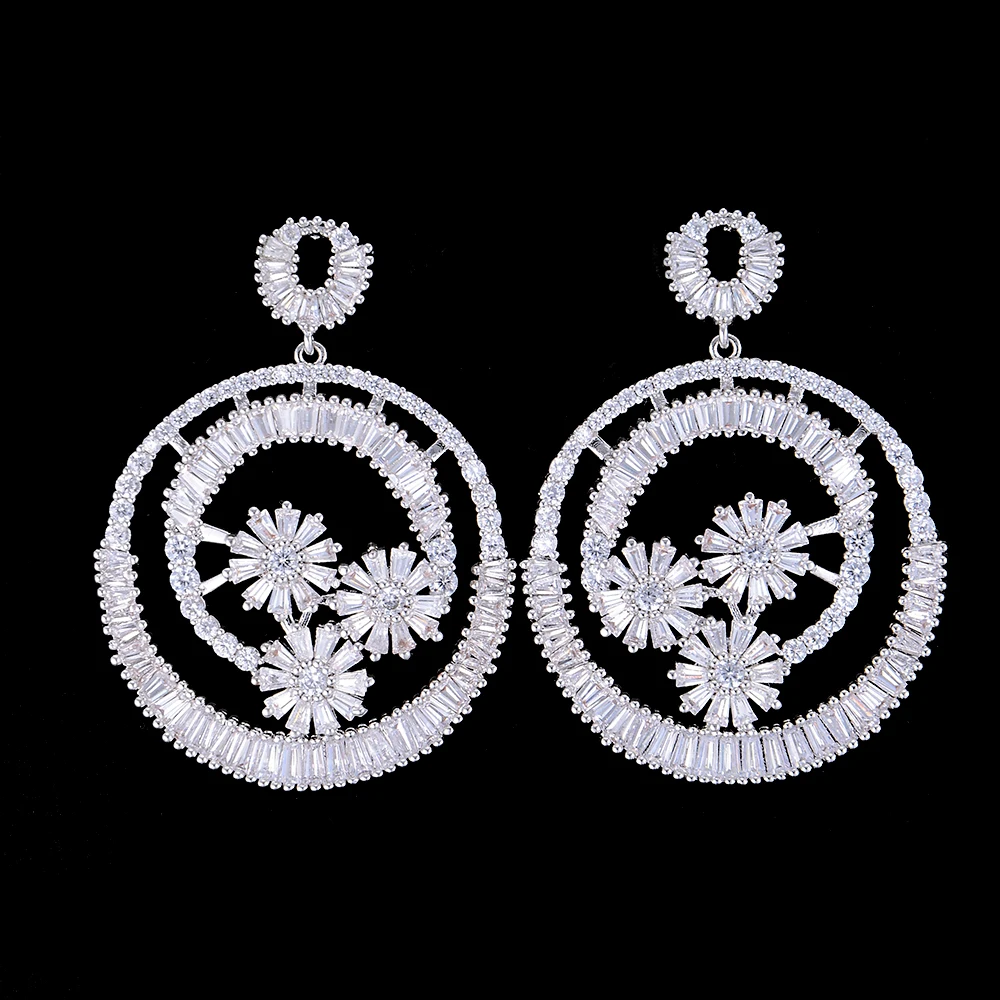 

LARRAURI Brand Paved Full Cubic Zirconia Bridal Party Statement Earrings Silver Round Pendant Drop Earrings For Women Jewelry