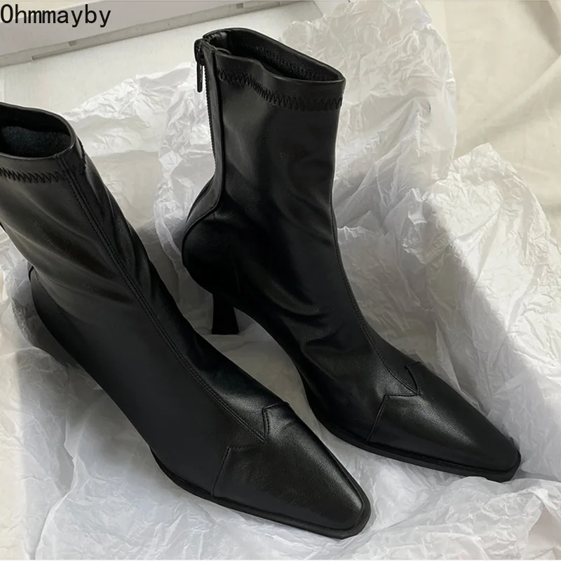 

Black Women Ankle Boots Woman Thick High Heel Fashion Pointed Toe Zipper Winter Women's Shoes 2021 Leather Short Booties