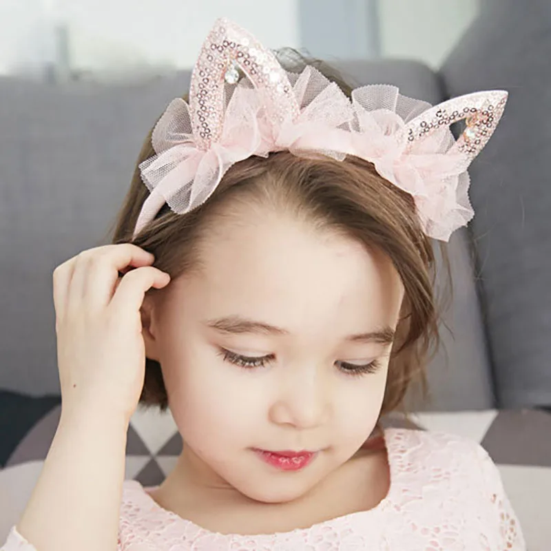 New Pattern Playful Kids Hair Accessories Pink Little Princess Cute Cat Ears Mesh Diamond Headband