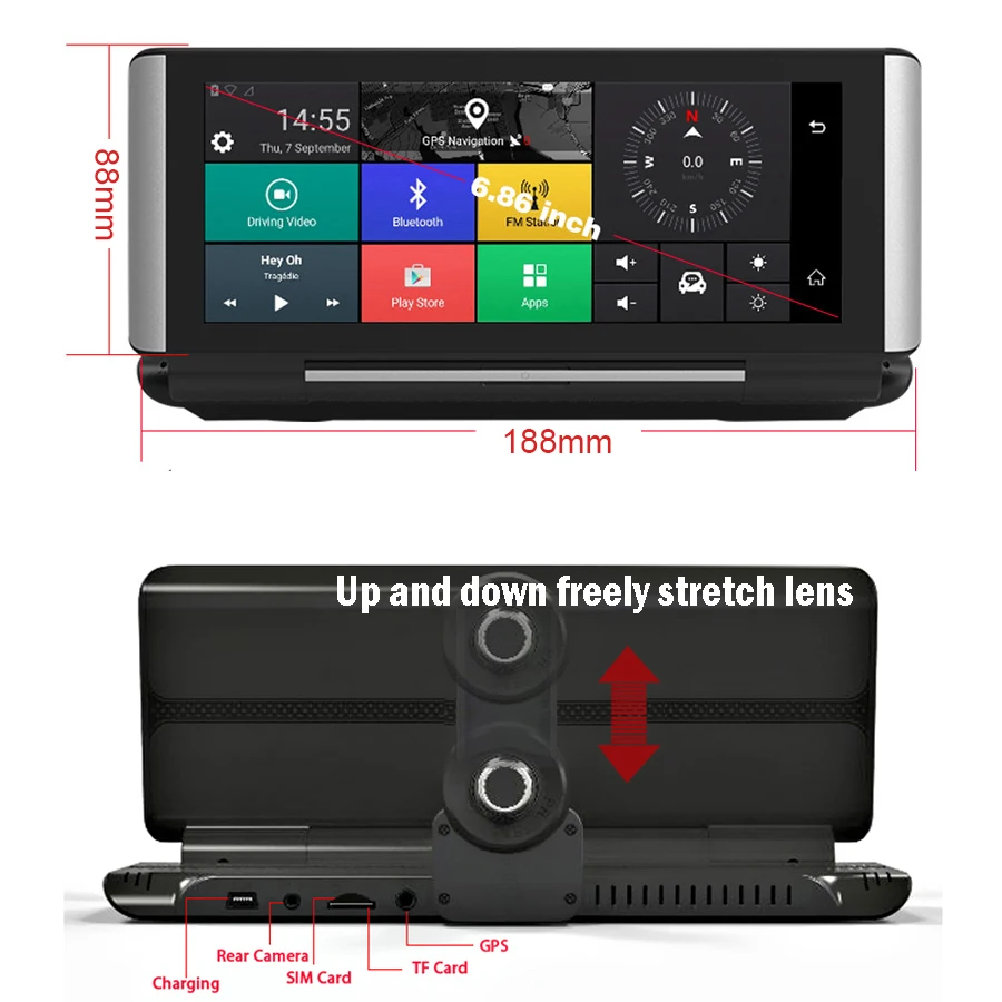 Anfilite 6,8" 3g/4G Автомобильный видеорегистратор gps навигация ADAS Android 5,1 1G/16G wifi Full hd 1080P видео регистратор видеорегистратор