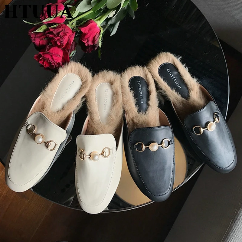 HTUUA/тапочки с натуральным кроличьим мехом Женские брендовые туфли без задника на