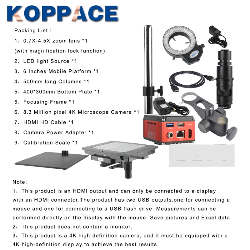 

KOPPACE 20X-200X Electron Microscope 4K HD Camera Take Pictures and Measure Continuous Zoom Lens 6 Inch Mobile Platform