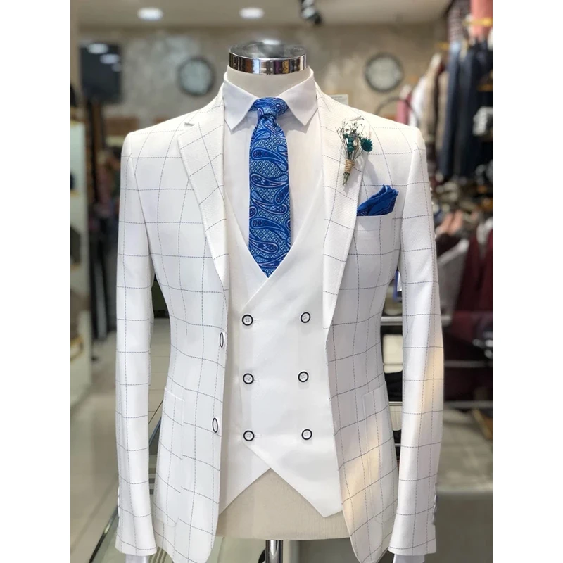 Мужская мода плед Slim Fit костюм реальную картину из 3 предметов: куртка жилет и