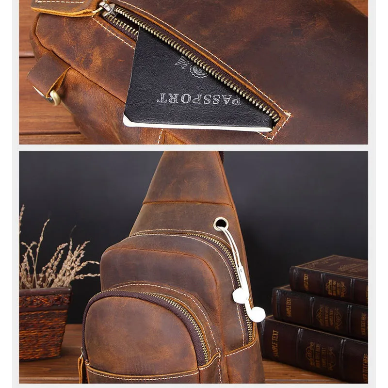 Original Men Crazy Horse Leather Chest Packs Male Real Leather Sling Messenger Bag Design Travel Daypack Male Crossbody Bag