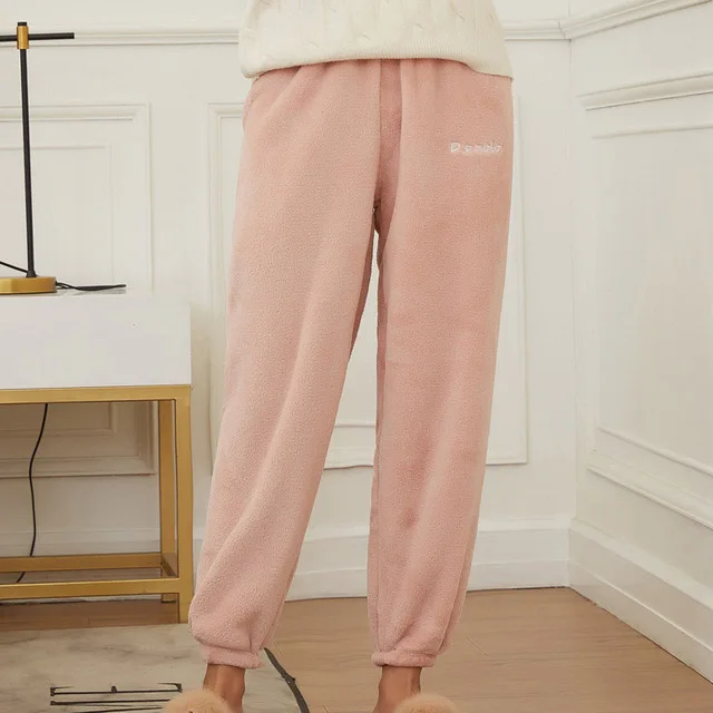 Pink Женские Фланелевые штаны, женская пижама для сна, осенне-зимняя теплая Домашняя одежда, повседневные длинные брюки, Пижама, 6 цветов, плотные брюки, одежда для сна - Цвет: Pink