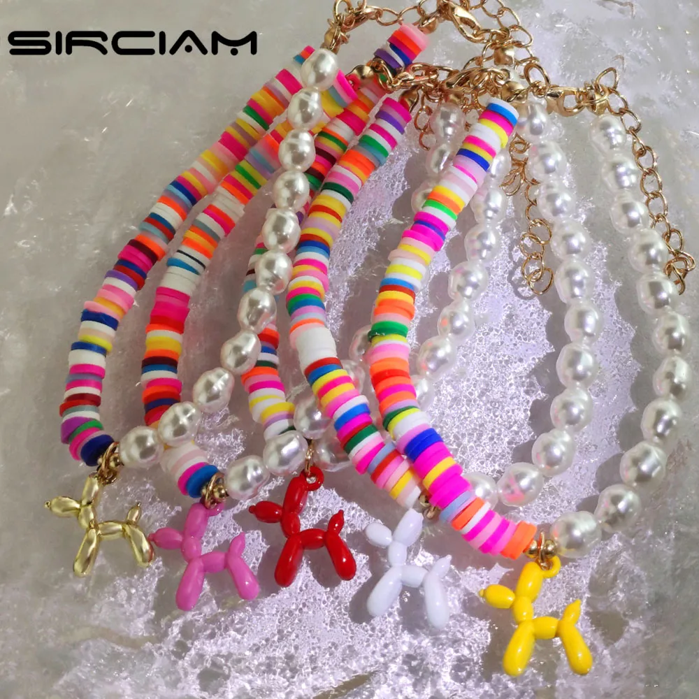 

Y2K Rainbow Balloon Dog Pearl Clay Beaded Bracelets For Women Girls Handmade Asymmetry Cartoon Hand Chain Bead Jewelry Wholesale