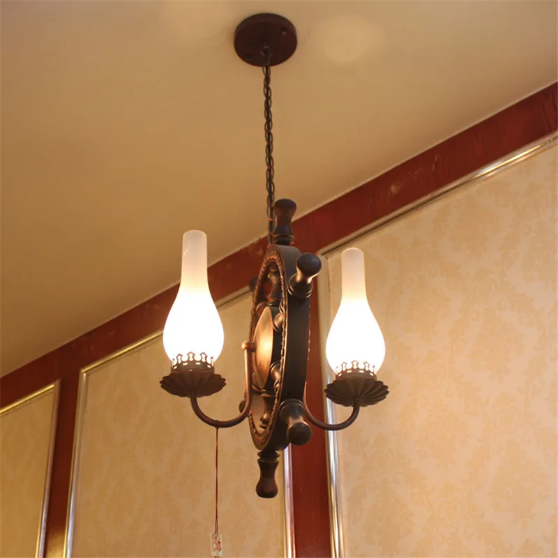 Подвесные светильники из твердой древесины железная Подвесная лампа с рулем для