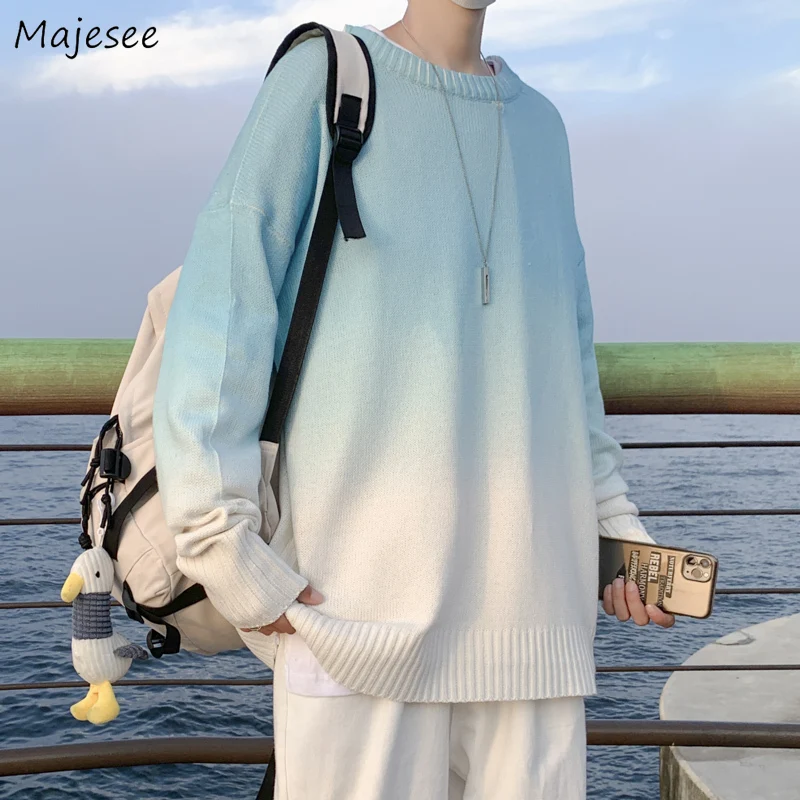 

Men Gradient Pullover Sweaters O-neck Teens Handsome High Street Long Sleeve Knitted Clothing Autumn Lazy Japanese Style Jumpers