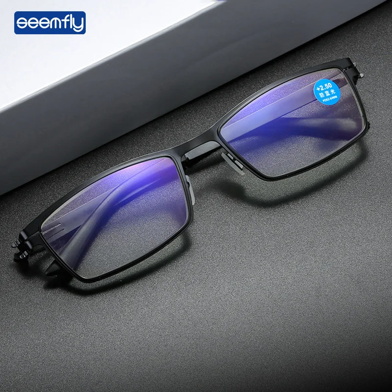 

Seemfly Business Men Anti Blue Light Reading Glasses Women Vintage Metal Spring Leg HD Presbyopic Eyeglasses Diopters +1.0 +4.0