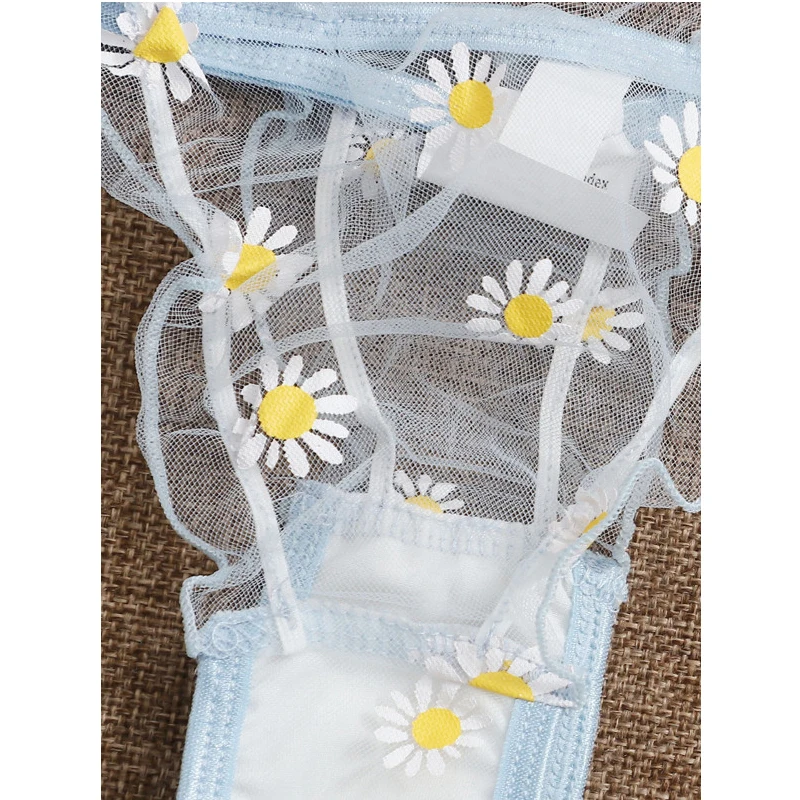 

Babydoll 2Pcs Women's Pajamas Sexy Lingerie Thongs +Tops Daisy Print Lace Transparent See-through Panties Sexy Costumes