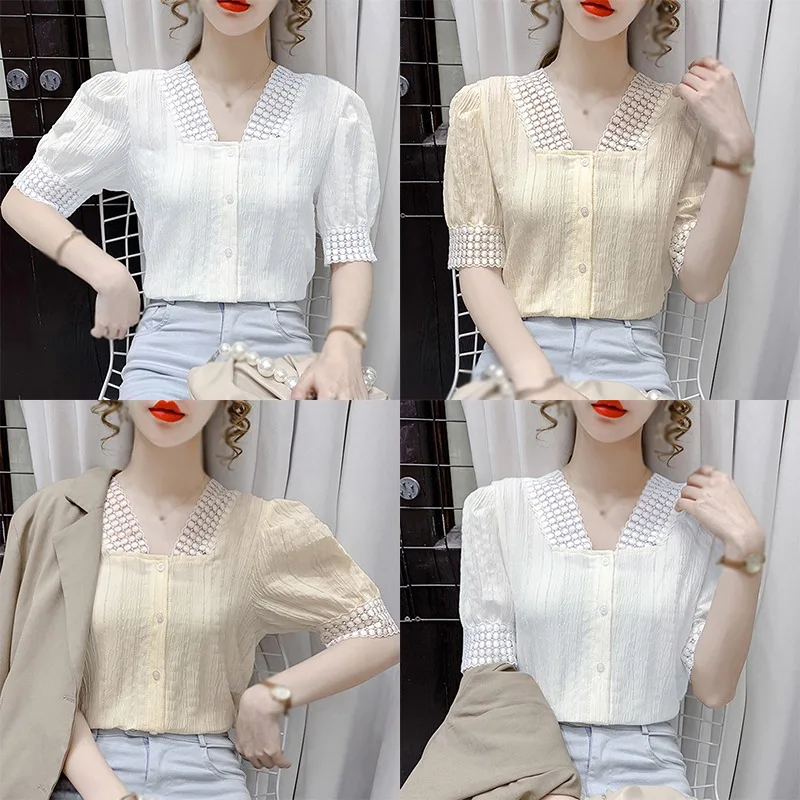 

Spring And Autumn New V-neck Single Breasted Pleated Bubble Sleeve Lace Shirt