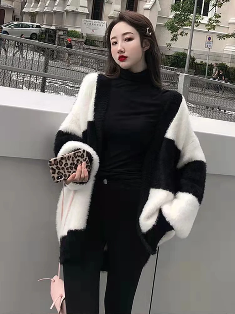 

Splicing Women's Sweater Casual Jumpers Fashion Long Sleeve Top Loose O-neck Cotton Clothing Autumn Winter Pullovers Houthion