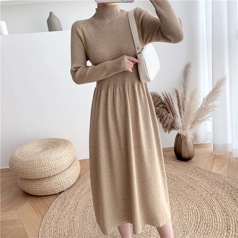 Elegant Woman Knitted 2022 Winter Sweater Dress Women Solid Dresses Casual Thick Warm Korean Clothes Half High Collar Vestidos