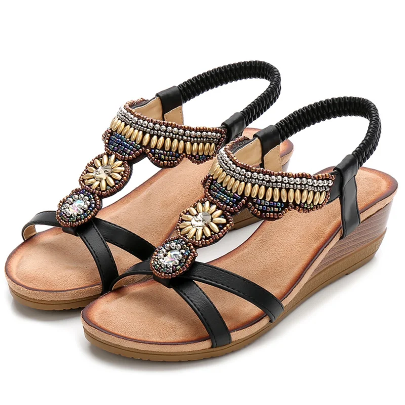 

2021 new bohemian sandals ladies black retro rhinestone beaded wedge heel platform comfortable commuting brown party sandals