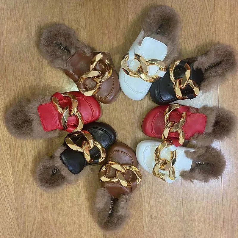 

Women's Autumn and Winter Fashion Thick-soled Cork Slippers, Women's Warm Fur Shoes, Metal Chain Half-female Plus Size Slippers