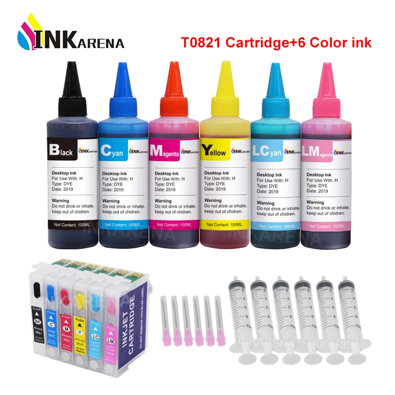 INKARENA 6 × 100 мл чернильный флакон + T0821 многоразовый картридж для принтера Epson Stylus Photo